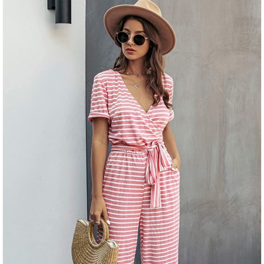 Striped Wide Leg Jumpsuit Romper with Pockets - Picture 2 of 5